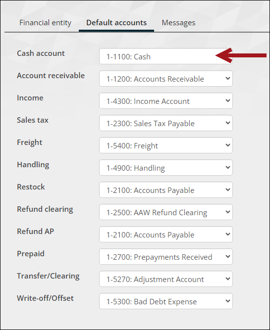 Default cash account for a financial entity