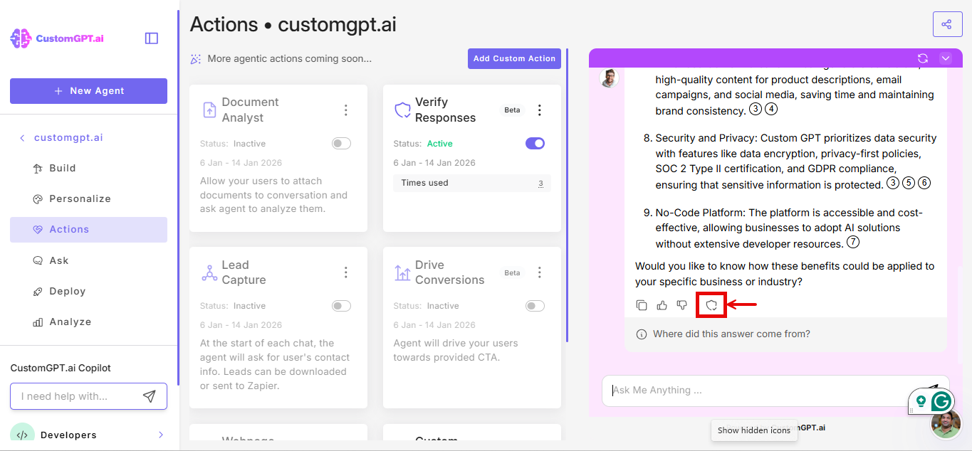 shield icon after AI response