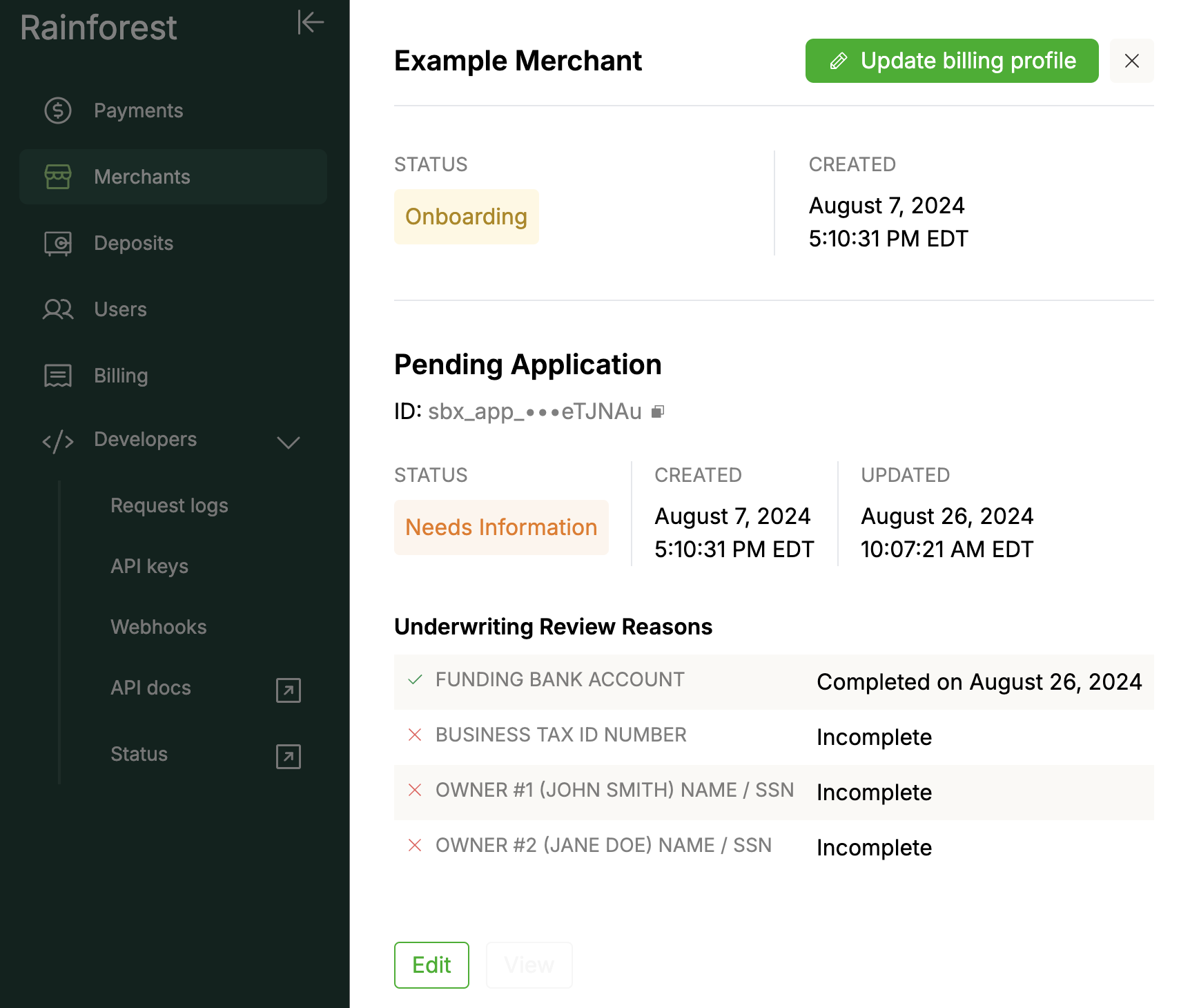 Merchant Details in the Platform Portal