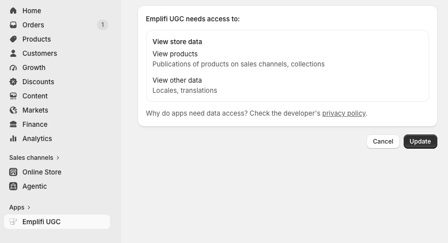 Shopify update data access form
