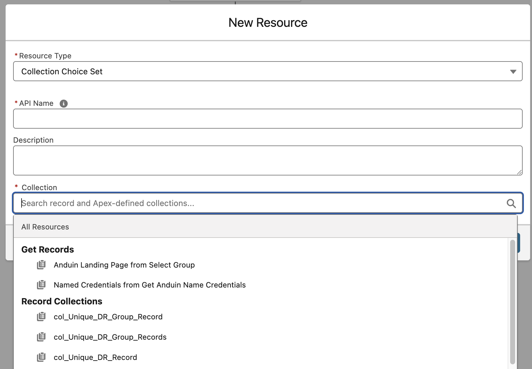 New Resource picker showing available collections