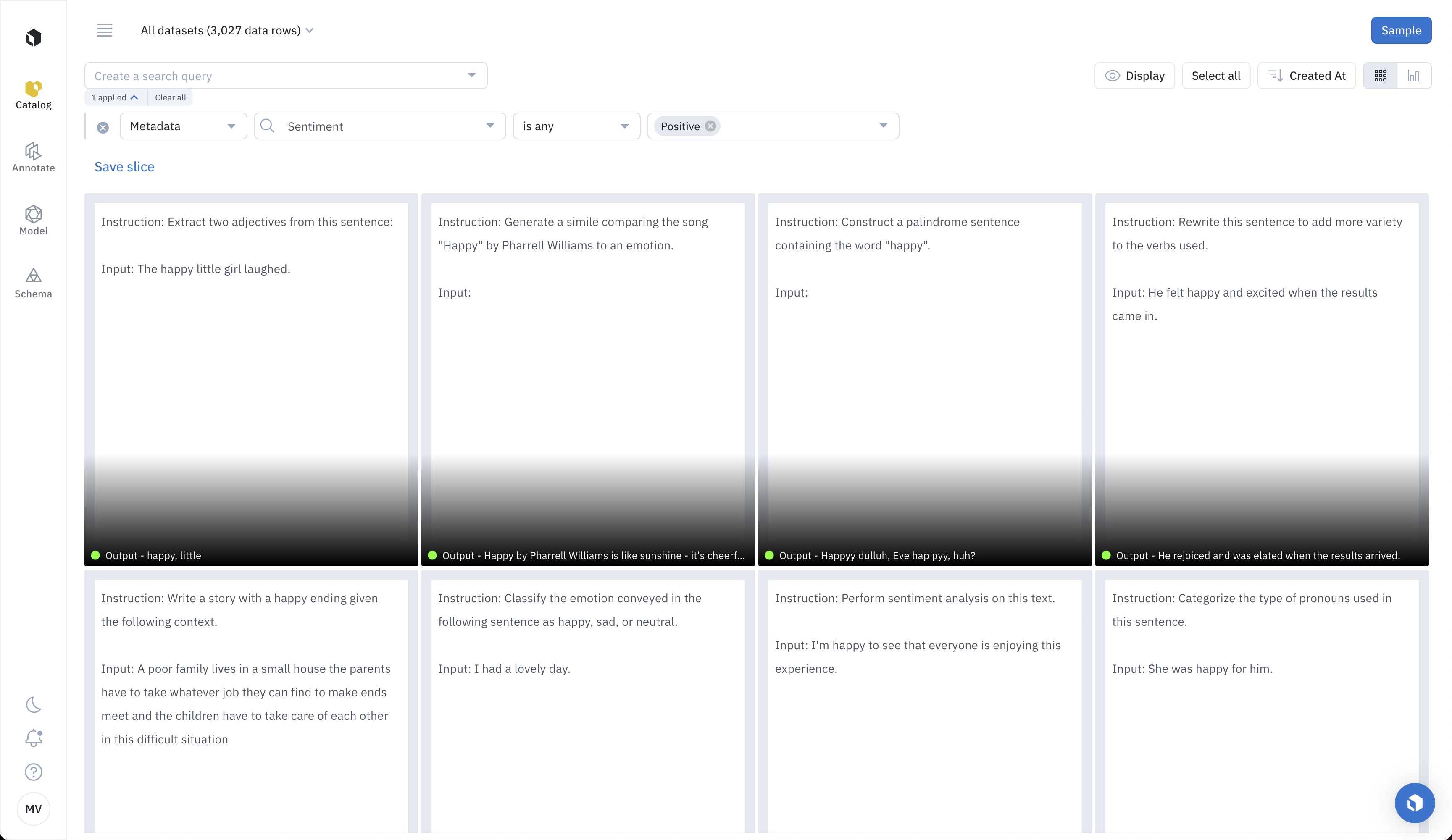 We surface all data rows with the metadata field "Sentiment" and value "Positive"