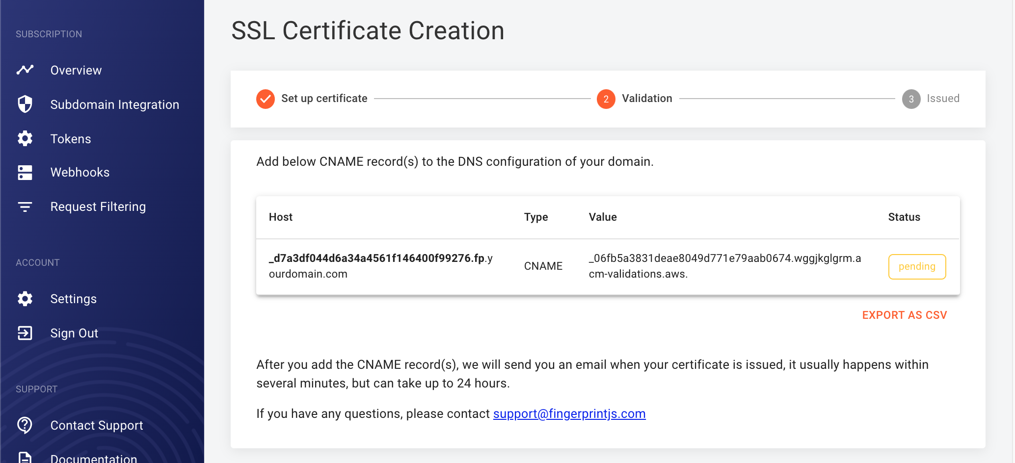 4c2102e-SI3.png Screenshot of CNAME records in the FingerprintJS dashboard