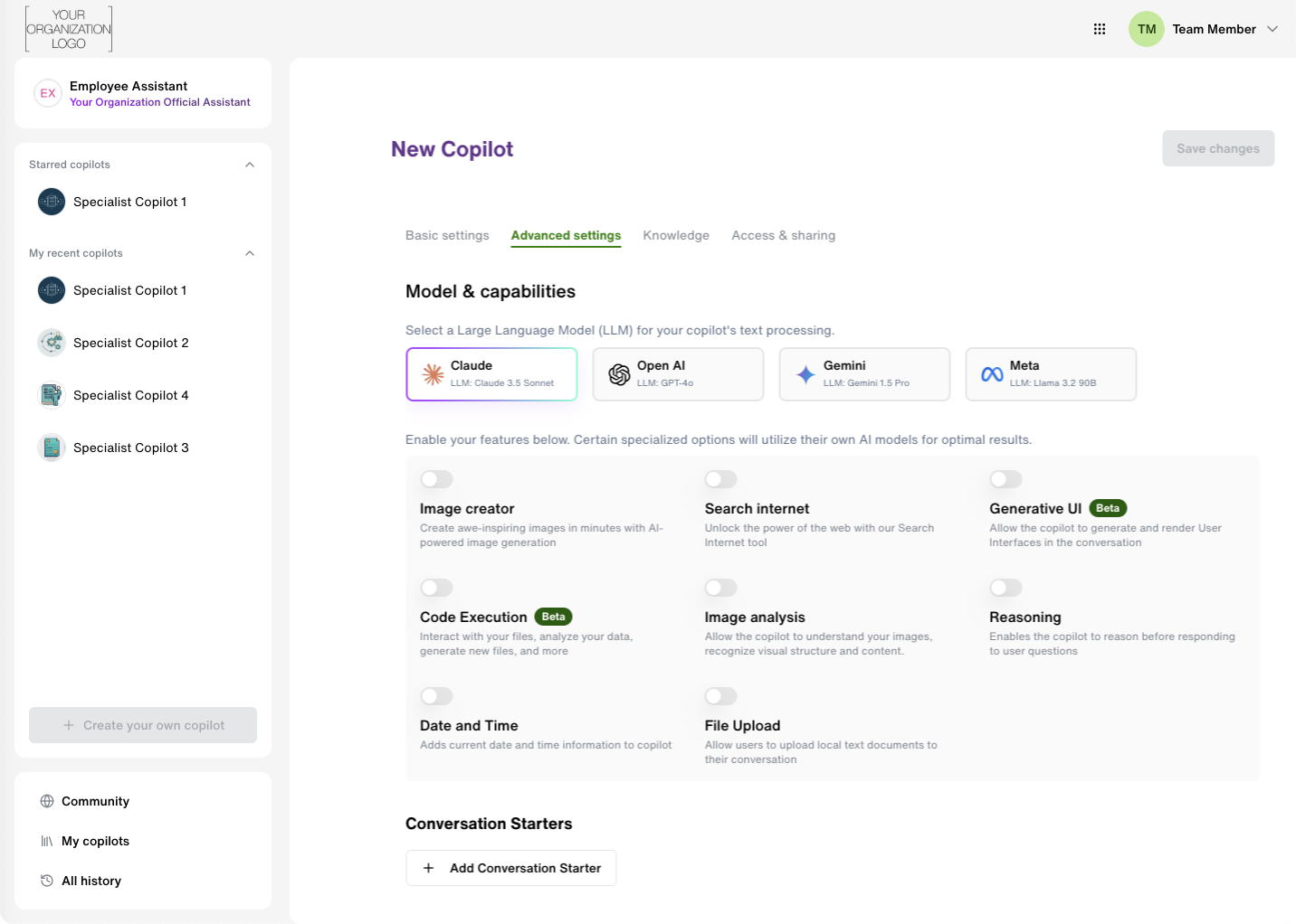New model selection interface allowing choice between multiple LLM providers