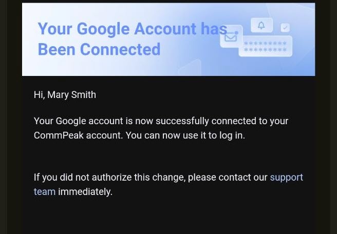 Screenshot of the Your account has been connected email