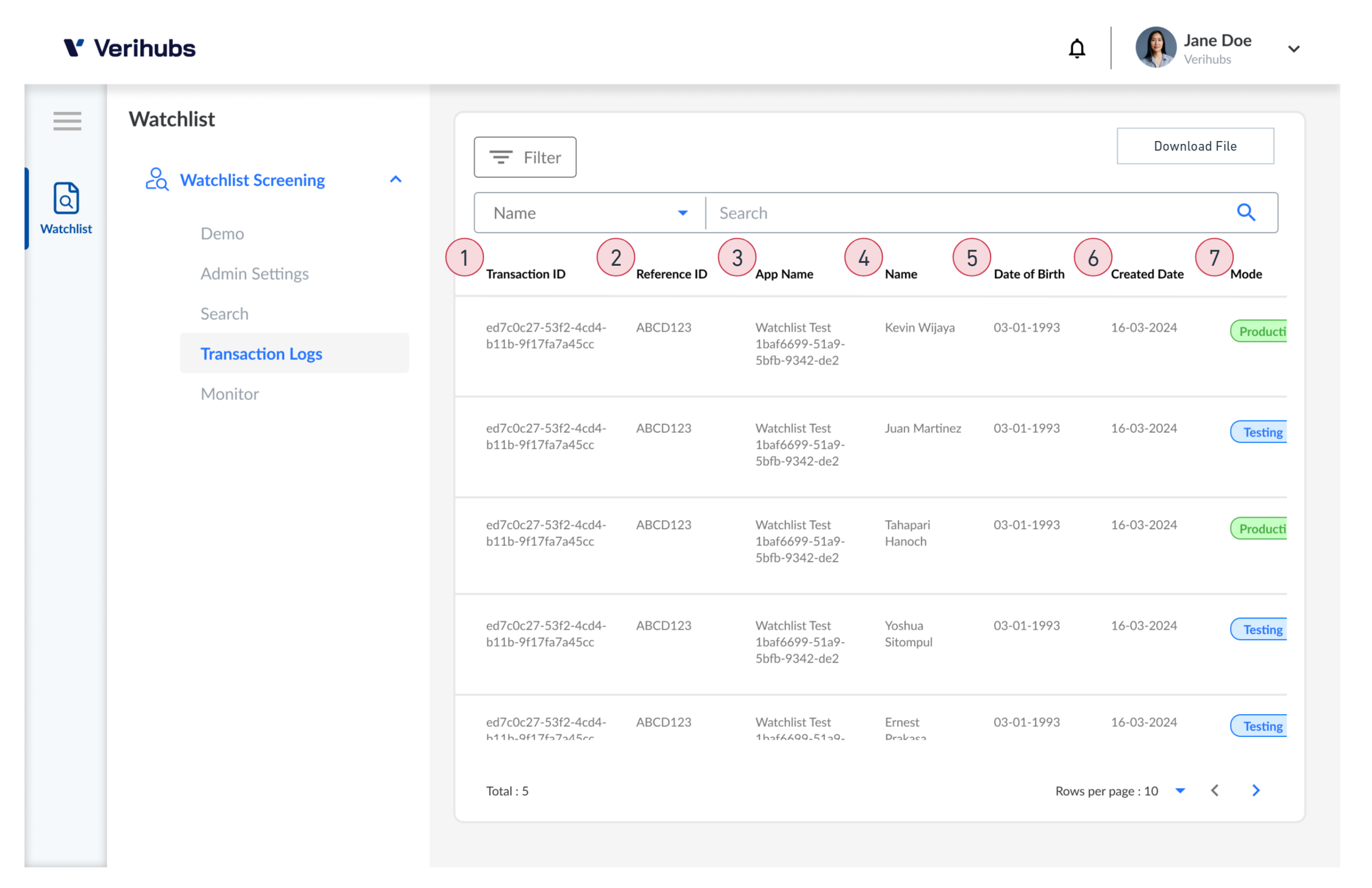 Transaction Logs Page - 1/2