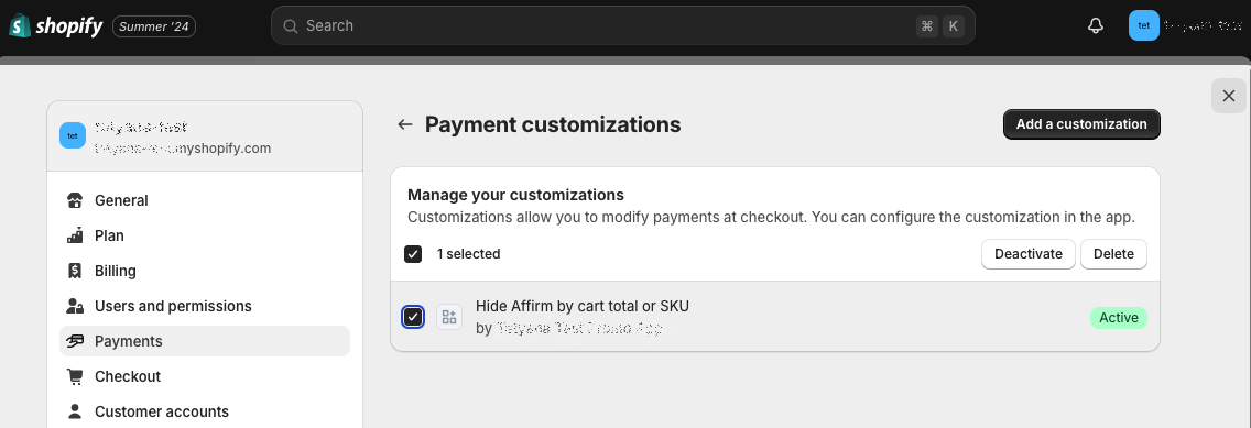 The Payment Customizations page in the Shopify admin dashboard. A user has selected the checkbox for the Hide Affirm by Cart Total or SKU payment customization. The payment customization is active, so only the Deactivate and Delete buttons display.