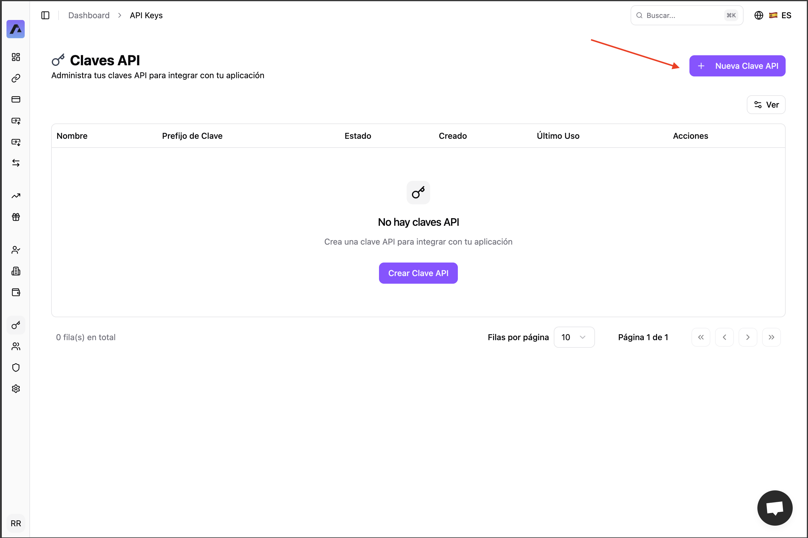 La lista de Claves API de la cuenta