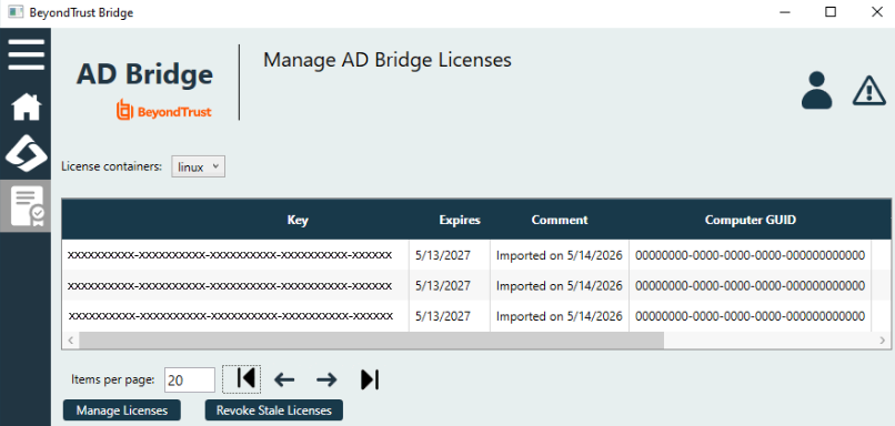 AD Bridge Manage Licenses page showing three license keys for the linux container.