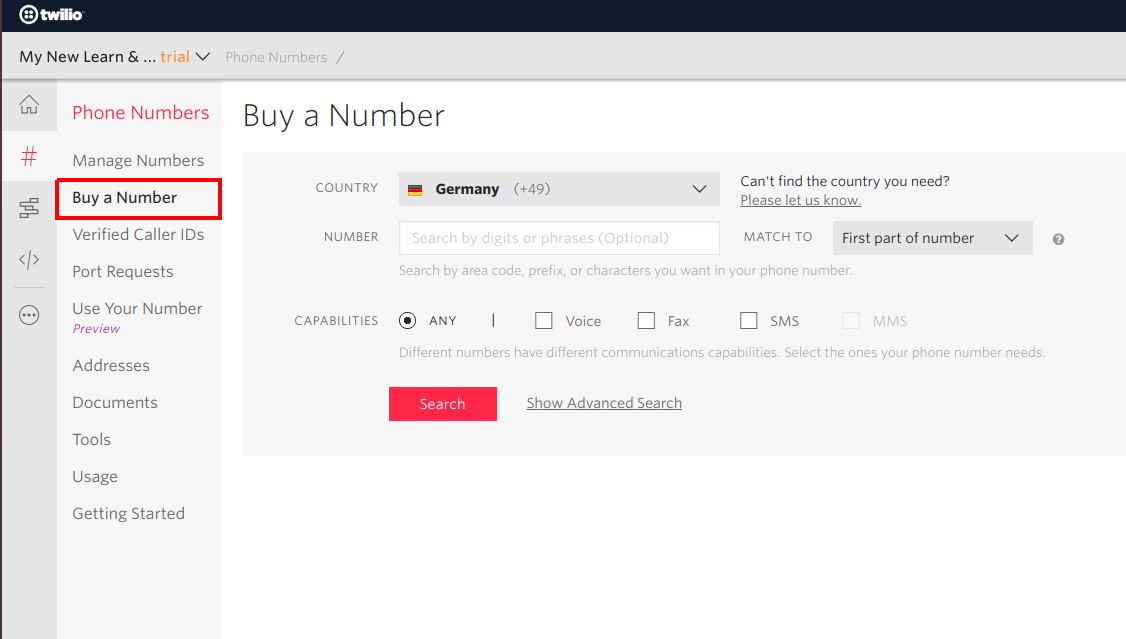Figure 2.2: Buy a new number for your Twilio Endpoint integration.