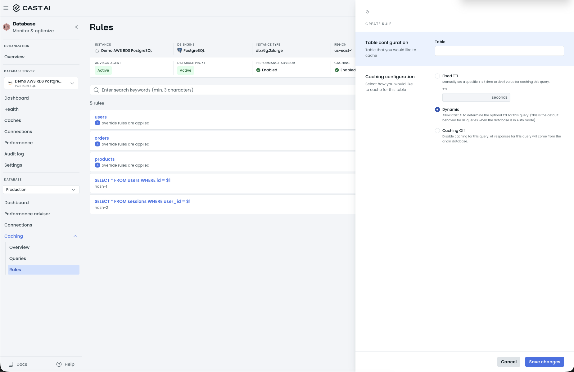 CREATE RULE drawer with the Table configuration field and the Fixed TTL, Dynamic, and Caching Off options
