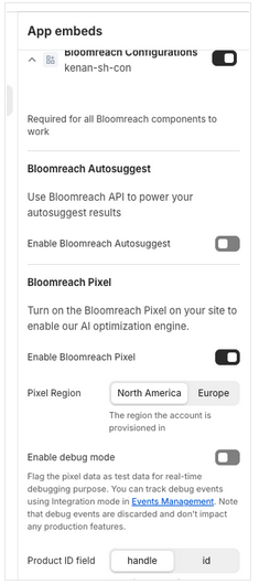 Shopify theme editor showing Bloomreach Configurations app embed with Enable Bloomreach Pixel toggle turned on.