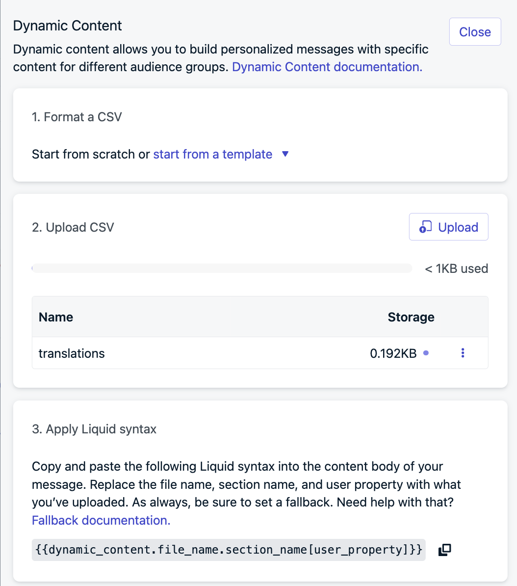 Example showing a fully uploaded CSV. Press Close and continue.