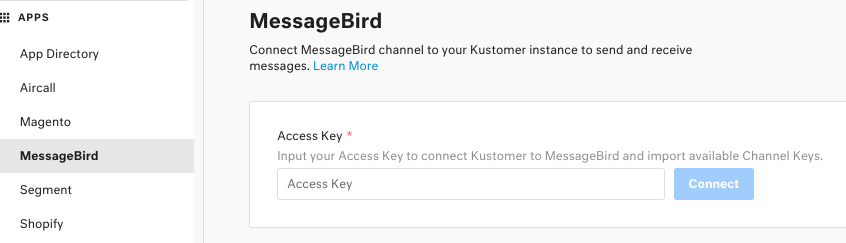 Screenshot of the app settings page for the app MessageBird. The app settings page displays the app title, the app description, and the display name and description for the Access Key setting.