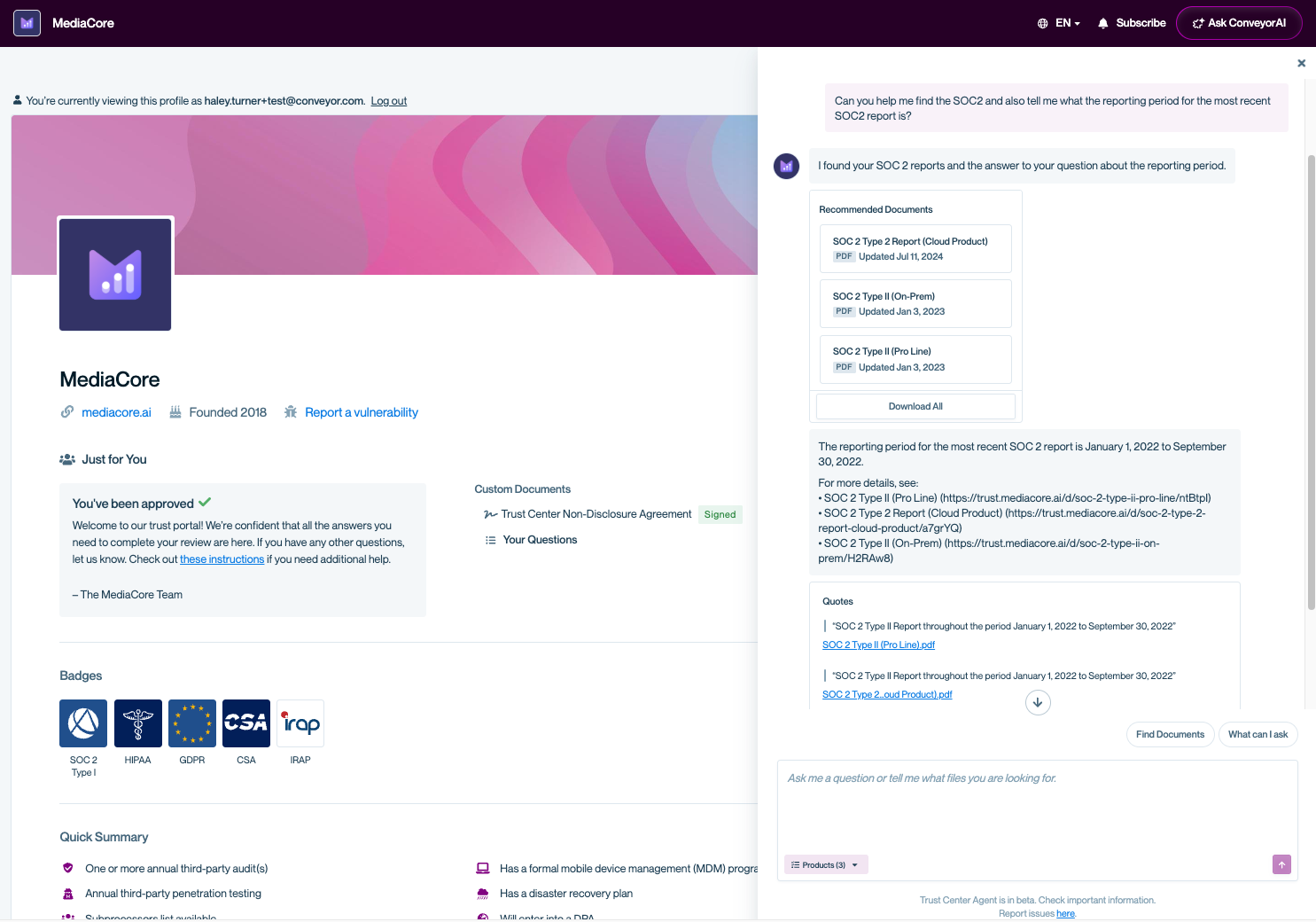 Trust Center page for “MediaCore” with the Trust Center Agent panel open. A visitor asks, “Can you help me find the SOC2 and also tell me what the reporting period for the most recent SOC2 report is?” The Agent responds with recommended SOC 2 documents, a “Download All” button, a detailed explanation of the reporting period, citation links, and a list of quoted sources. The chat input and product selector appear at the bottom of the panel.