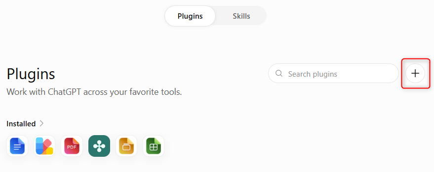 ChatGPT plugin browser with the plus button highlighted