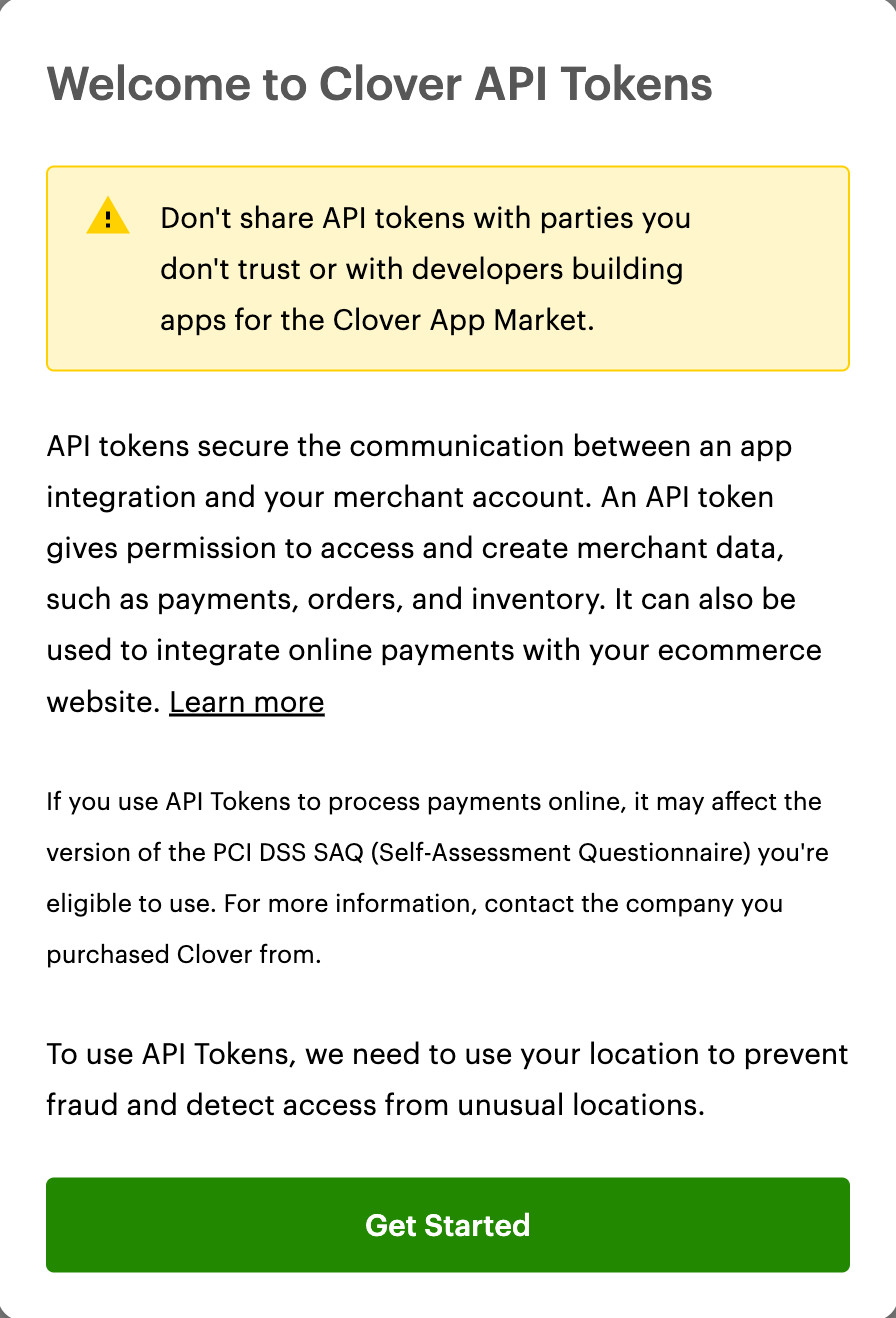 Welcome to Clover API Tokens pop-up