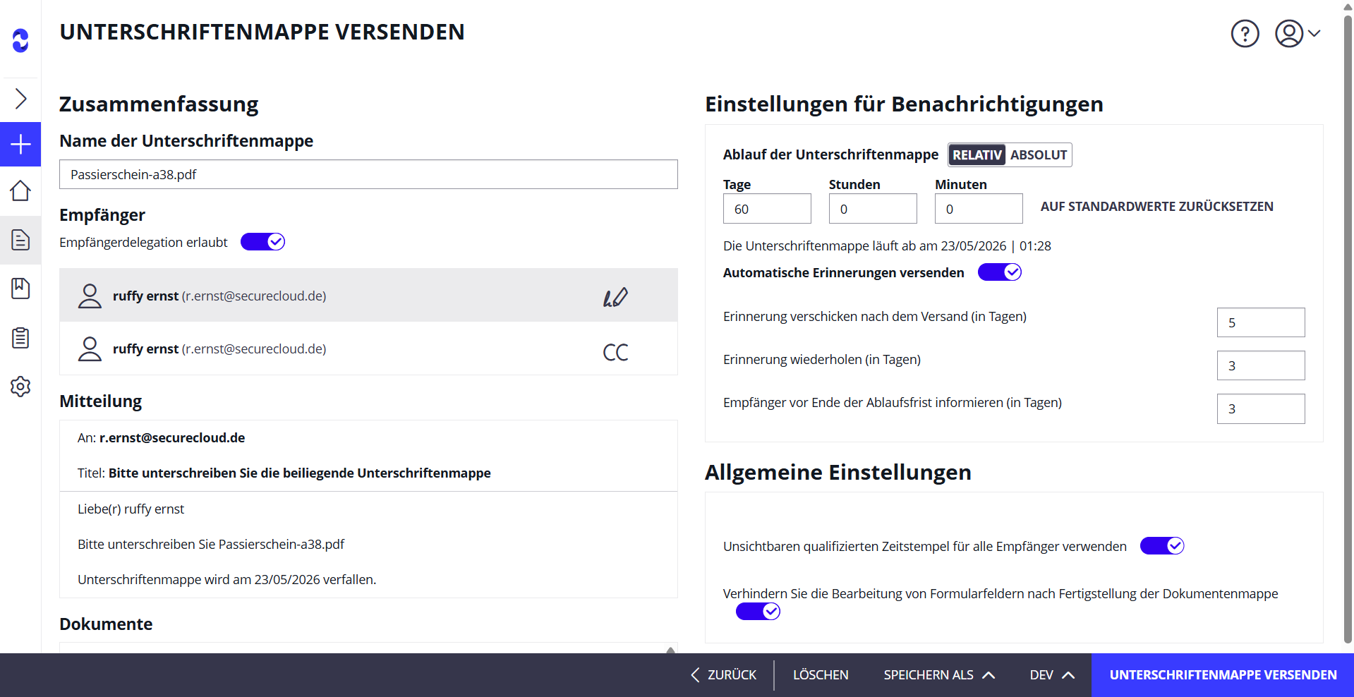 Unterschriftenmappe versenden