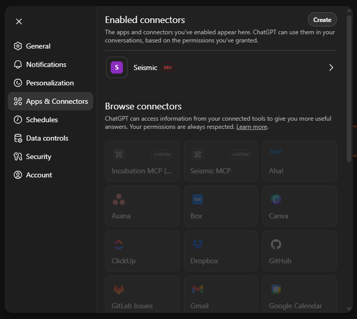 Figure: Hit Create to add a new connector
