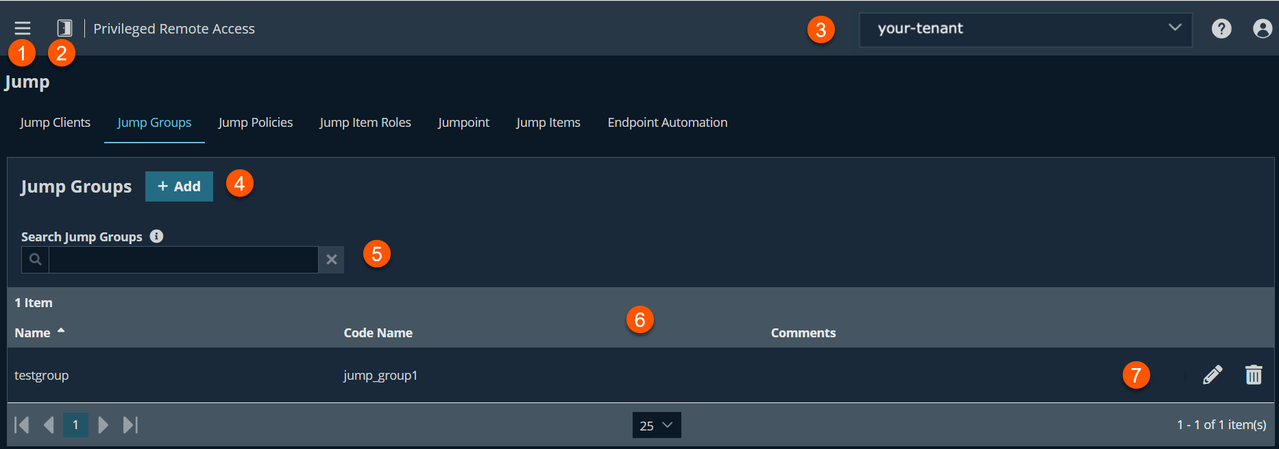 The image shows a user interface for Privileged Remote Access with various elements labeled. The top bar includes a menu icon, a navigation icon, and the tenant name "your-tenant." The "Jump Groups" tab is selected among several tabs. There is an "Add" button, a search bar, and a table listing jump groups with columns for Name, Code Name, and Comments.