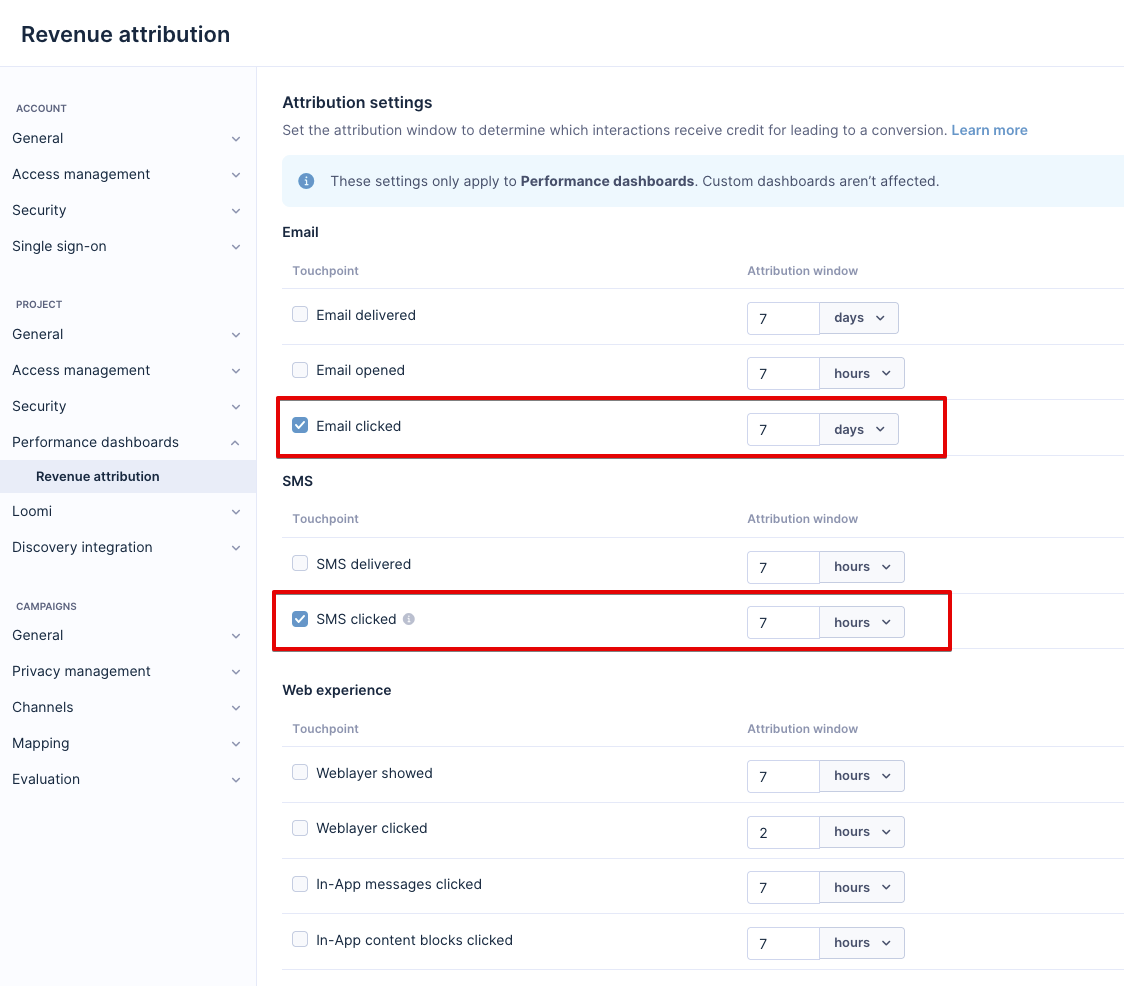 attribution settings with "email clicked" and "SMS clicked" settings selection