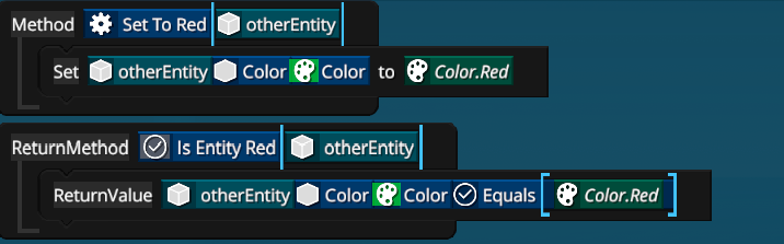 A 'Set to Red' method is given a Entity to set it's color to Red.
A 'Is Entity Red' method returns True if the Entity is red.