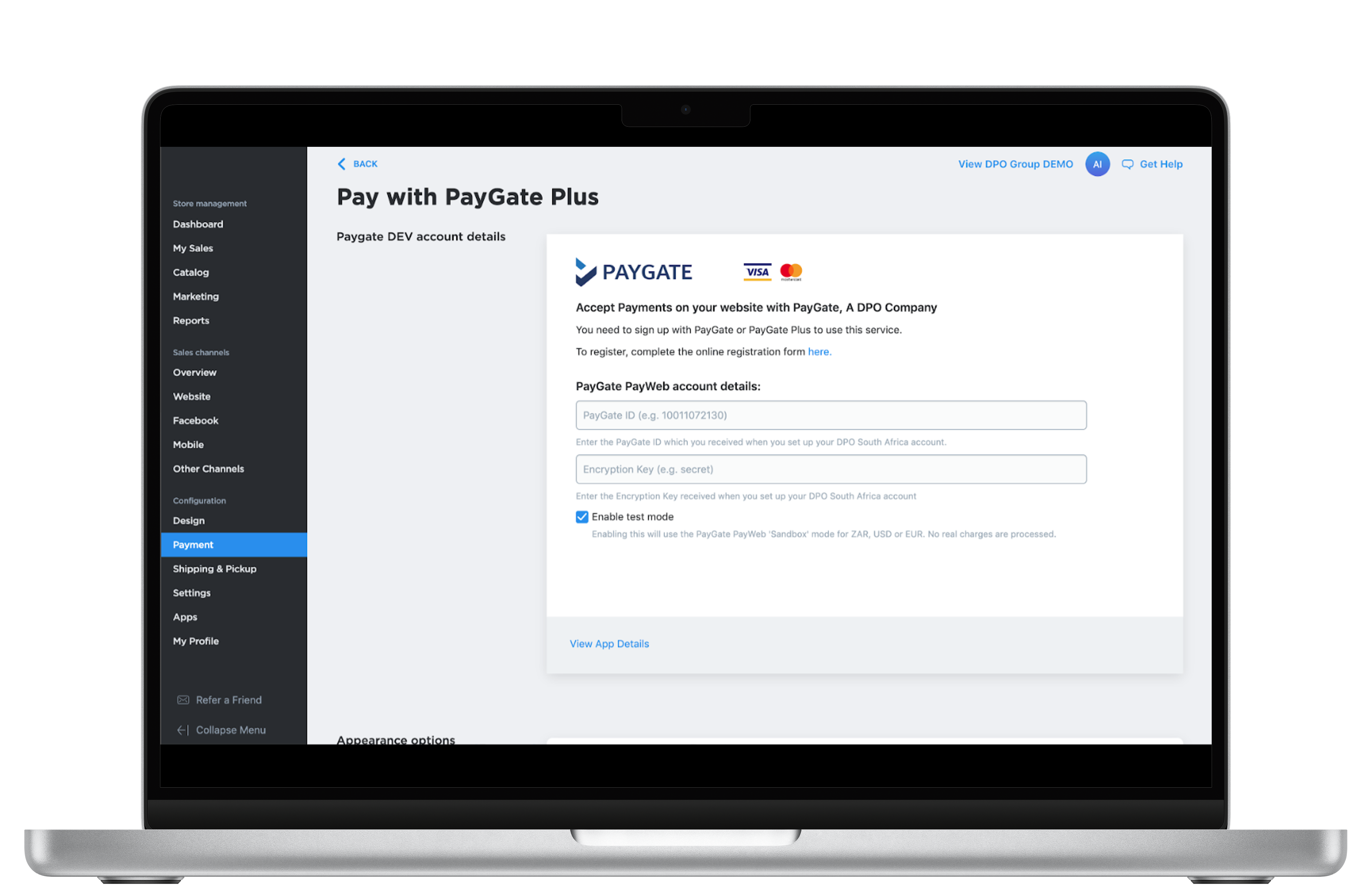 Provide your PayGate PayWeb Account ID, Encryption Key, and configure the plugin appearance options. 