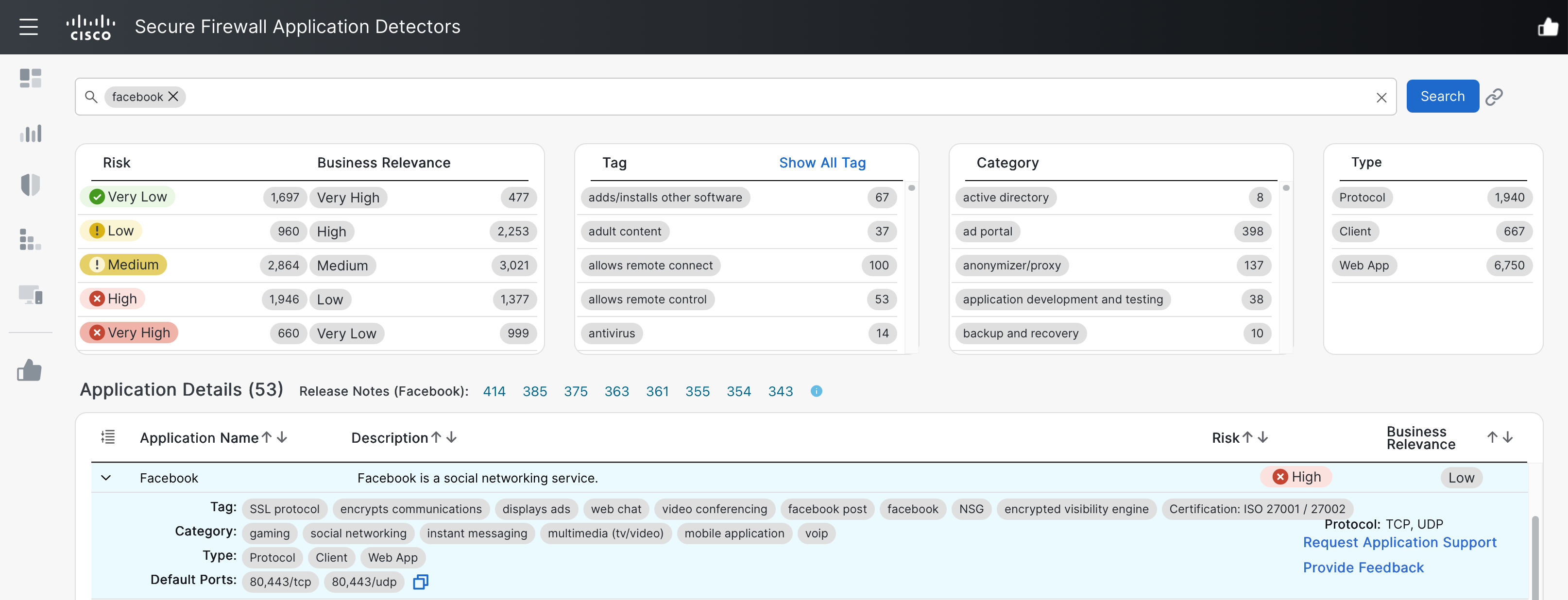 On Cisco's AppID portal, we see the application details for Facebook, including its default ports