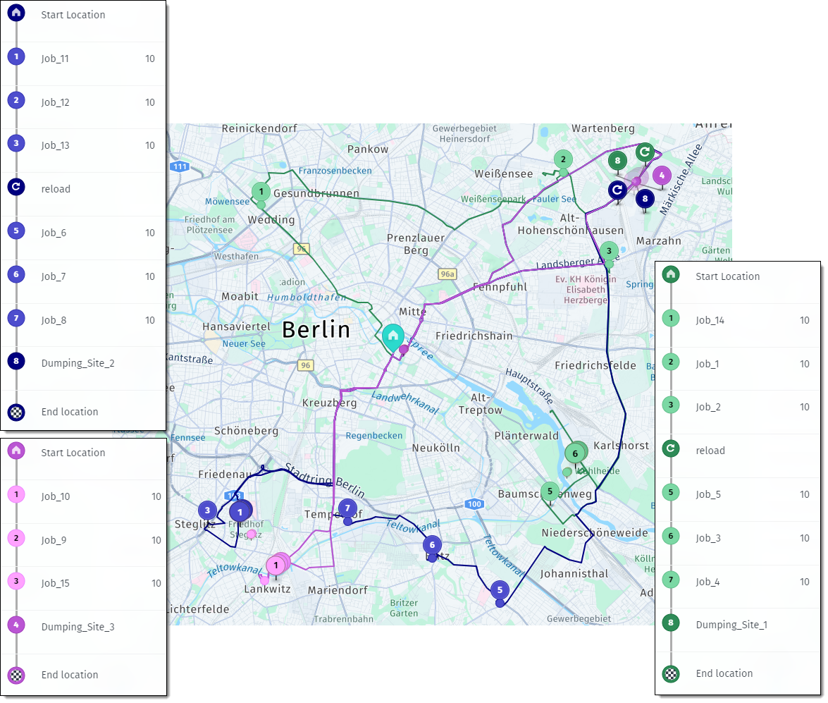 A tour with the dumping site as last job before returning to the depot
