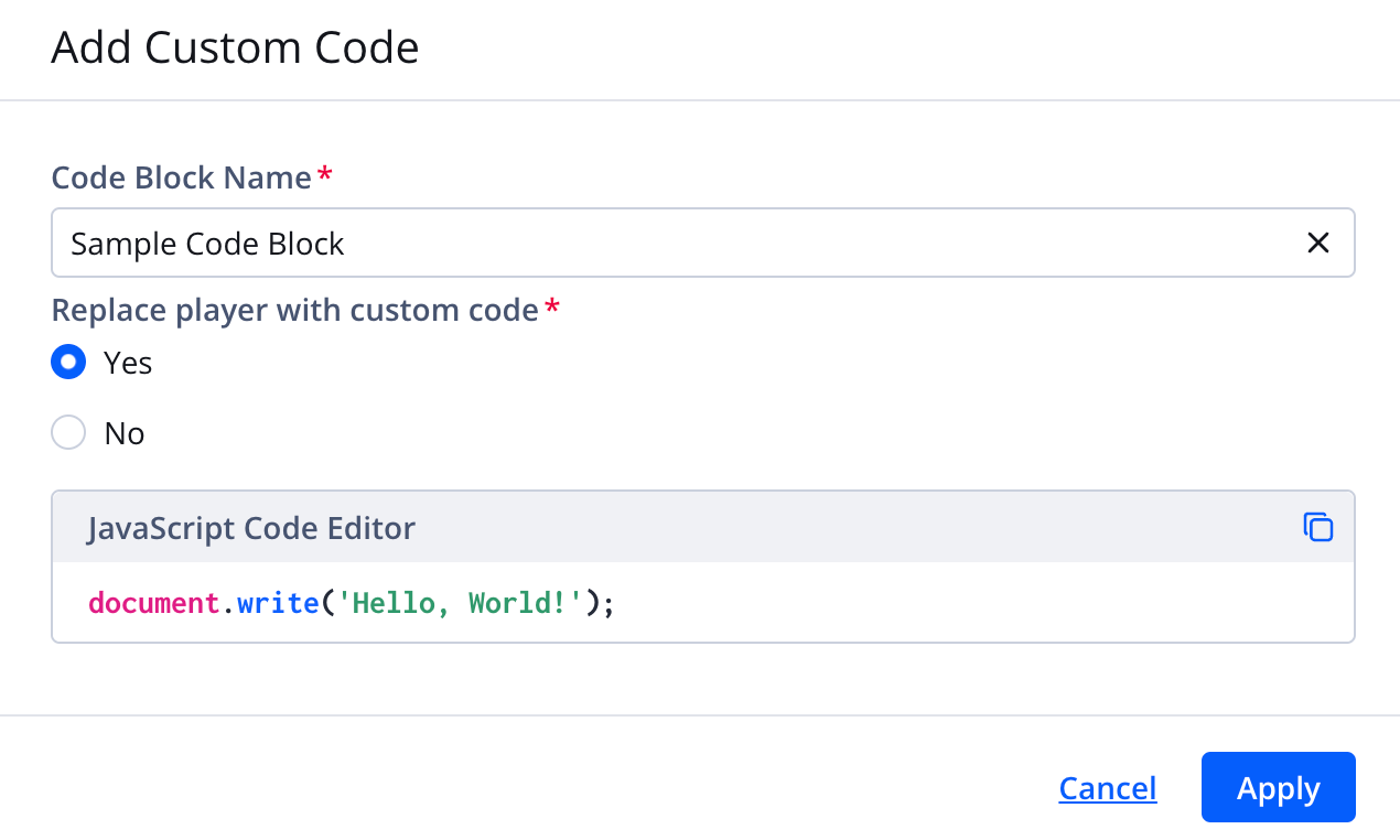 Add Custom Code panel