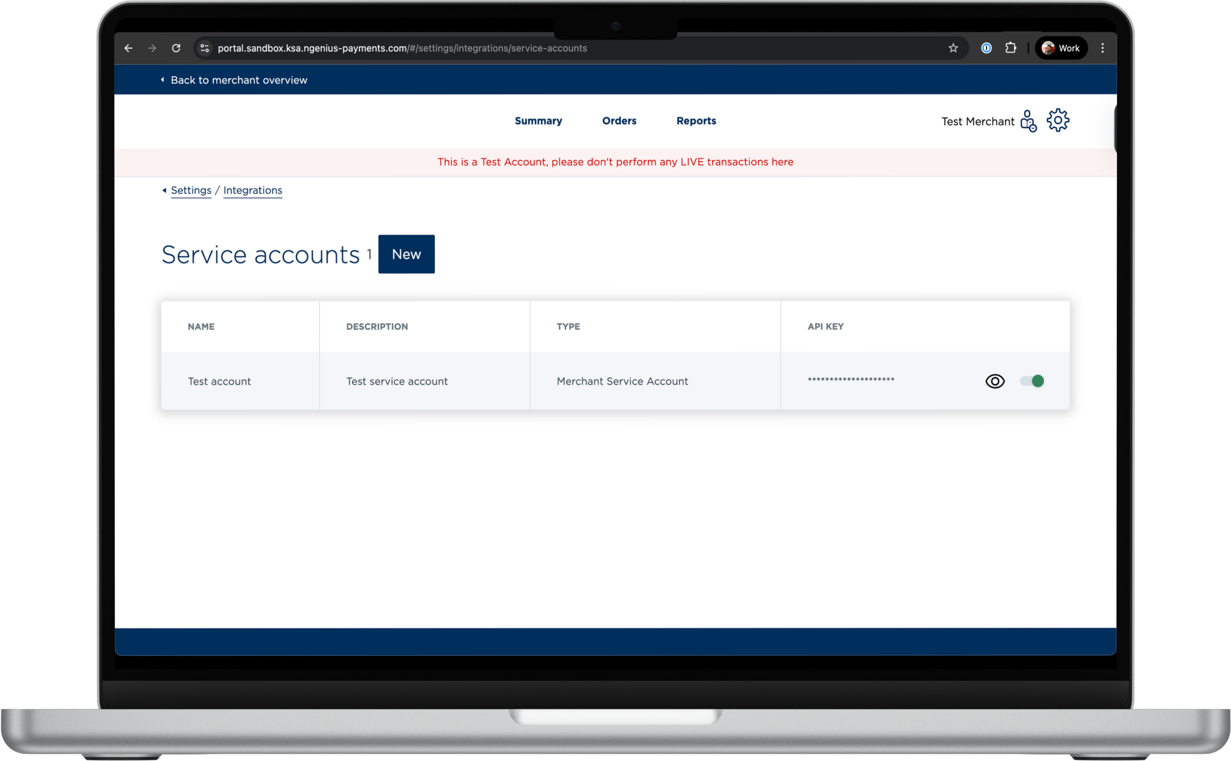 The screenshot demonstrates the setup of a new service account API key within the N-Genius portal.