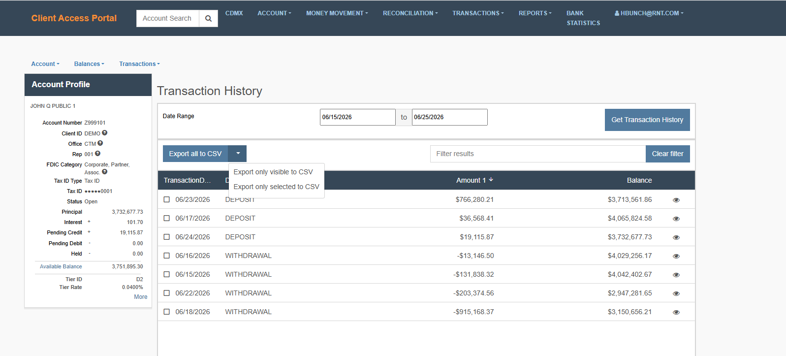 Transaction History - Export Choices