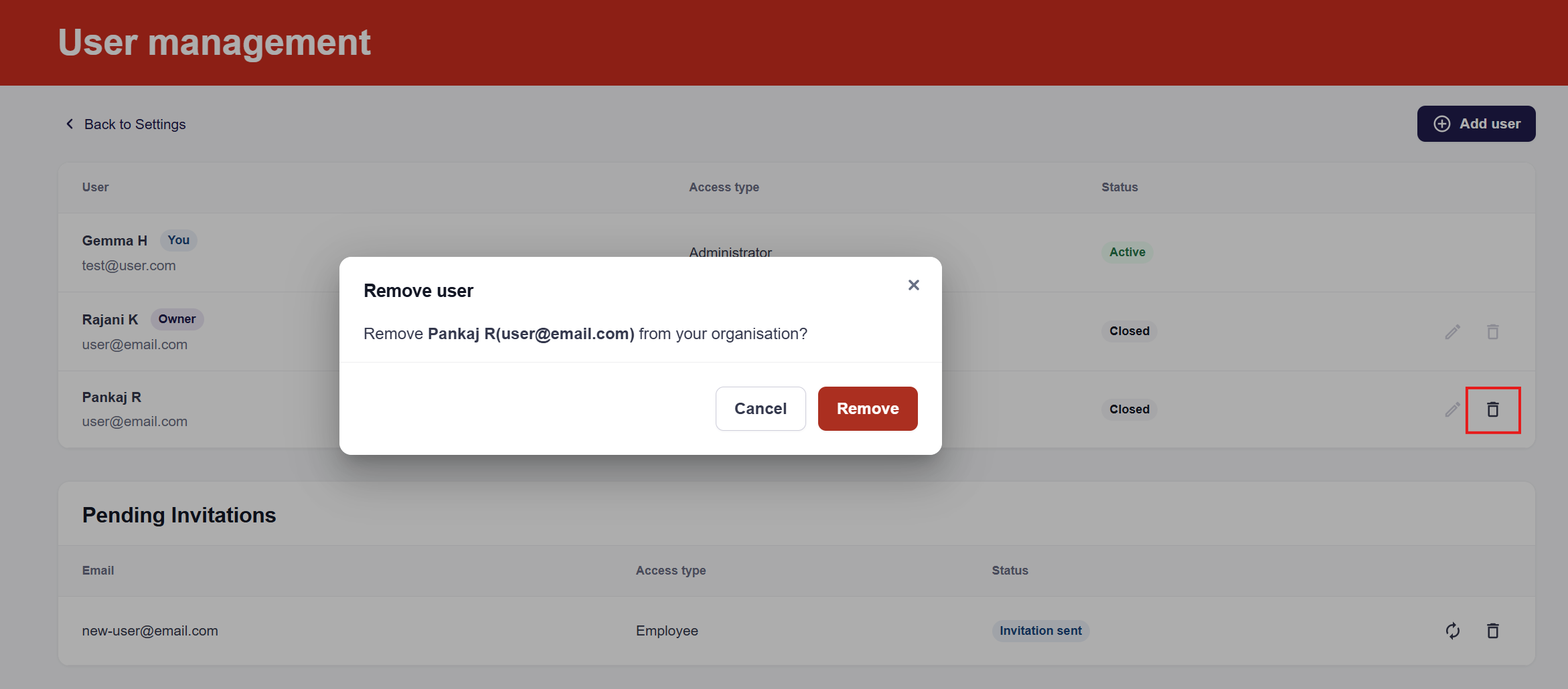 Delete user confirmation popup