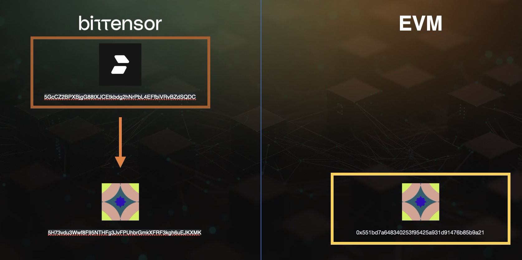 Bittensor wallet (orange) & EVM wallet (yellow)  
The EVM wallet has a Bittensor alias for receiving funds. These will immediately appear in the EVM wallet.