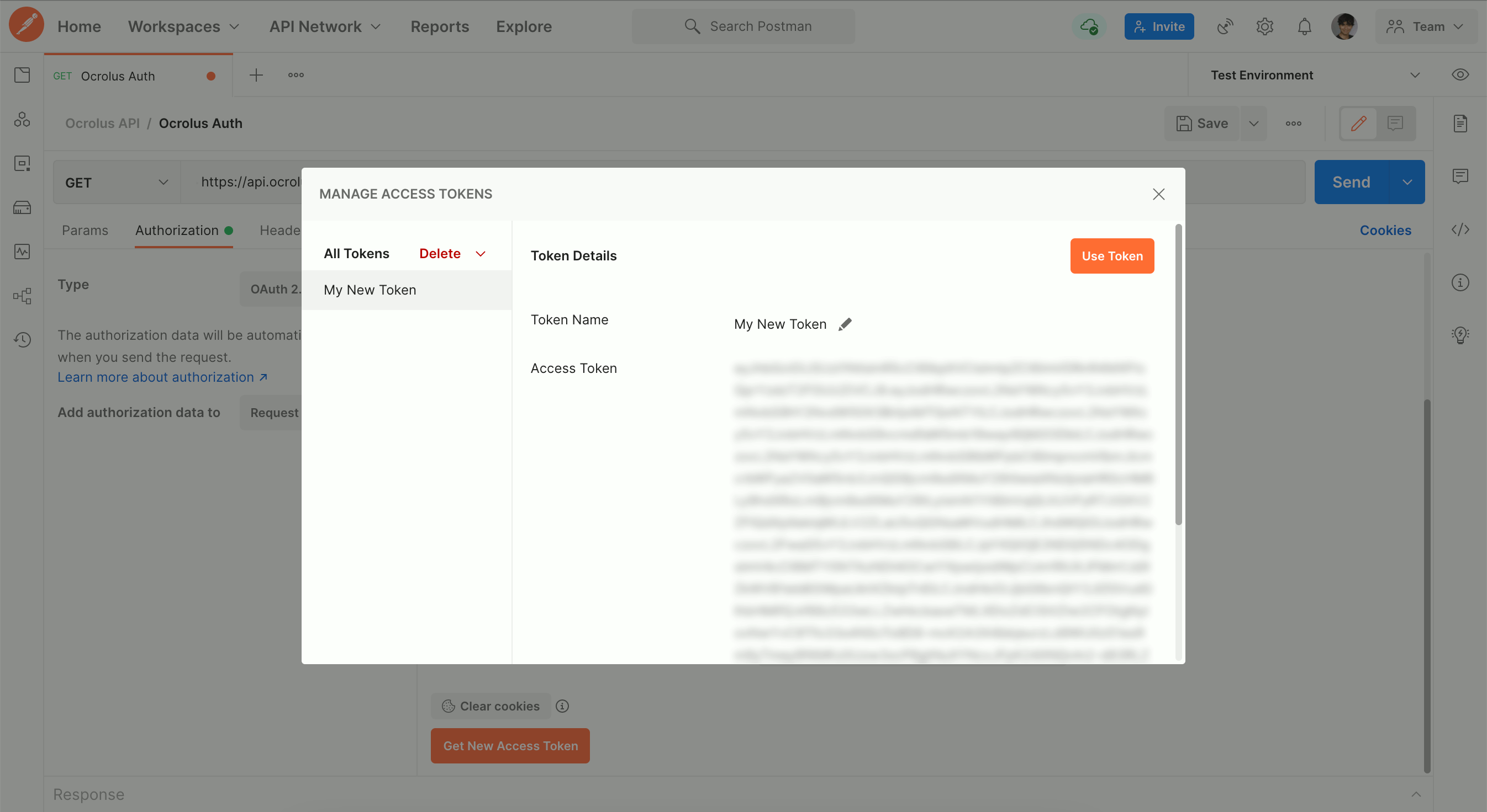 Postman displaying the access token it received from Ocrolus. Various attributes are also provided, though they're not included in this screenshot. The token is blurred to indicate that it is considered sensitive.