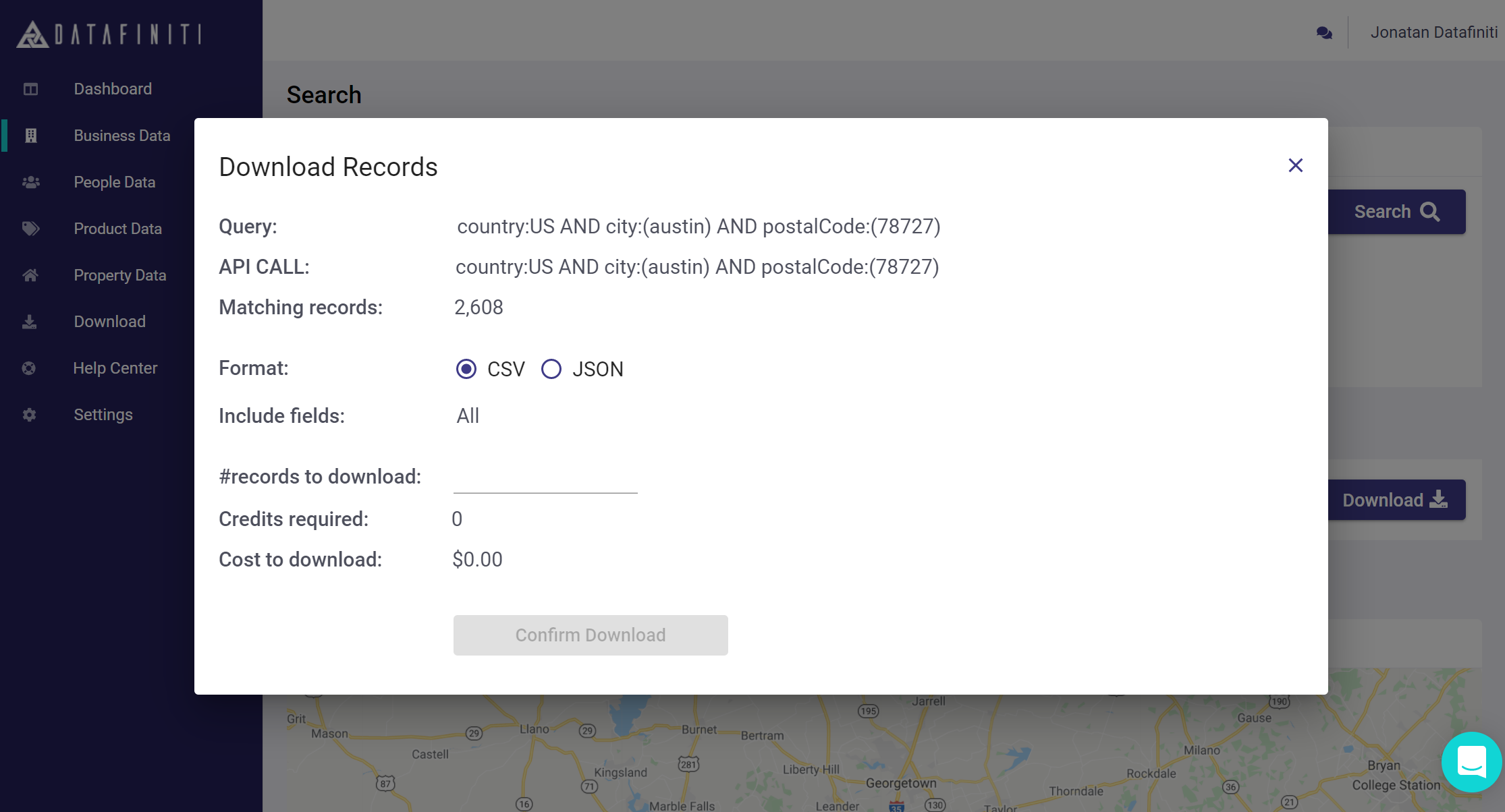 The "Download" button will prompt you with the "Download Records" where you can a) determine if you want JSON or CSV format, b) set the number of records to download, and c) determine which specific view you'd like to use.