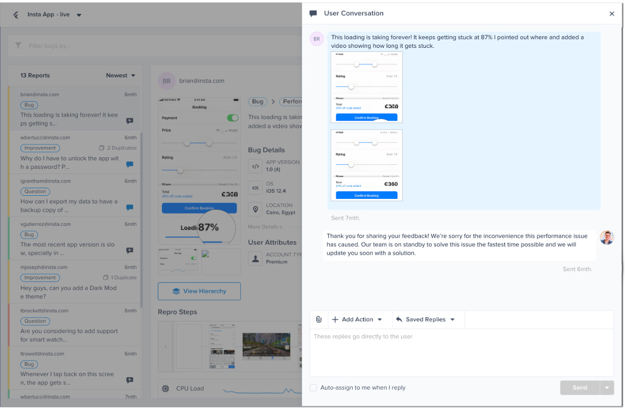 The button opens the User Conversation drawer where you can talk to the reporter