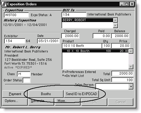 Sample Exposition Orders window for an EXPOCAD category exposition order