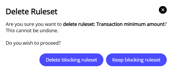 The Delete confirmation dialog in the Blocking Rulesets screen