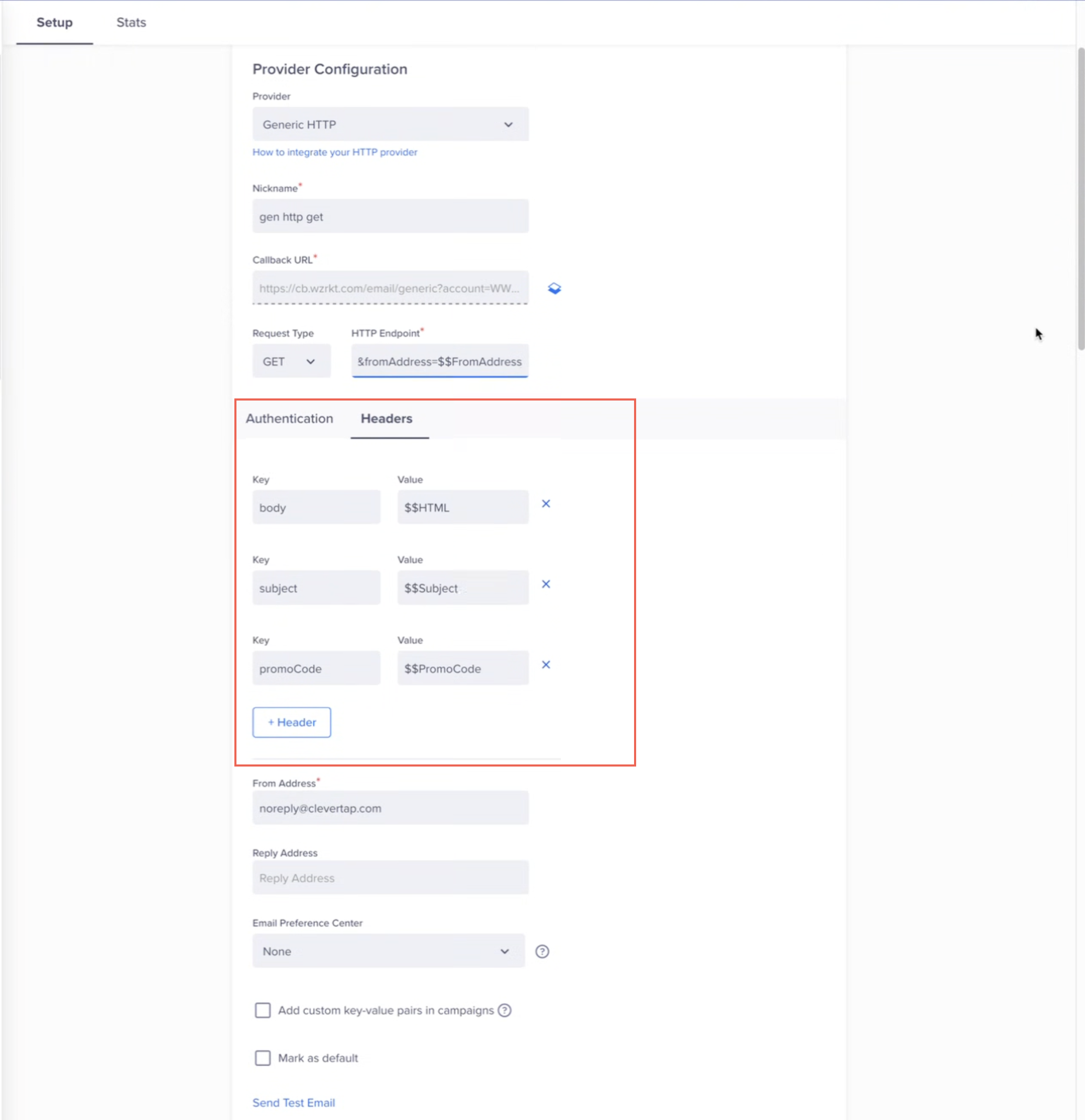 Provider Setup for Generic HTTP - GET Method