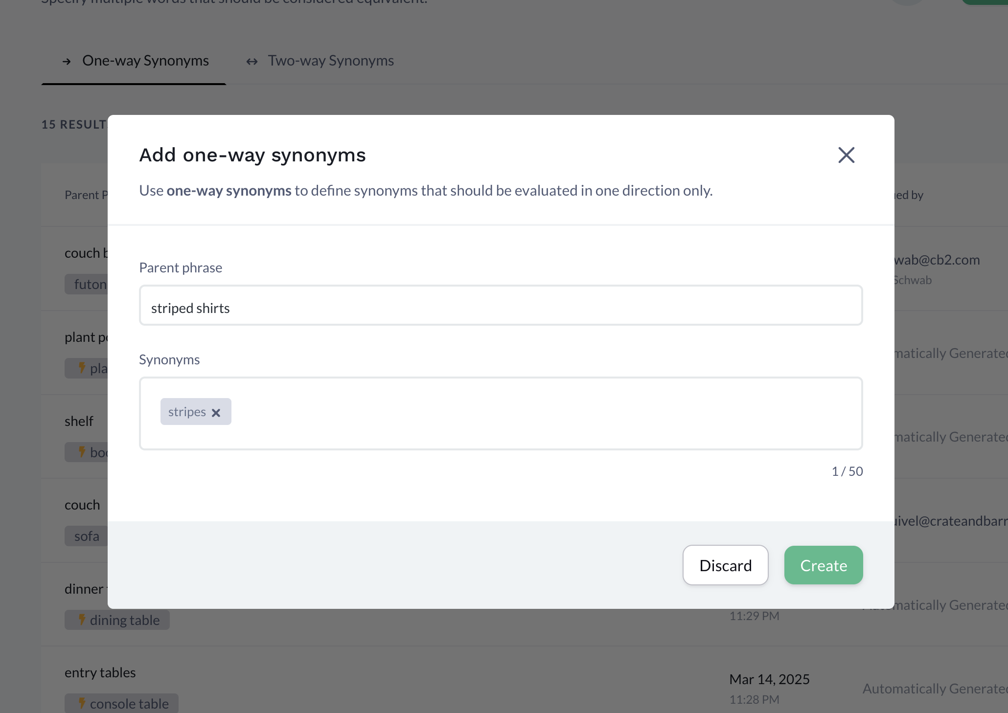 Adding a one-way synonym in the Constructor dashboard