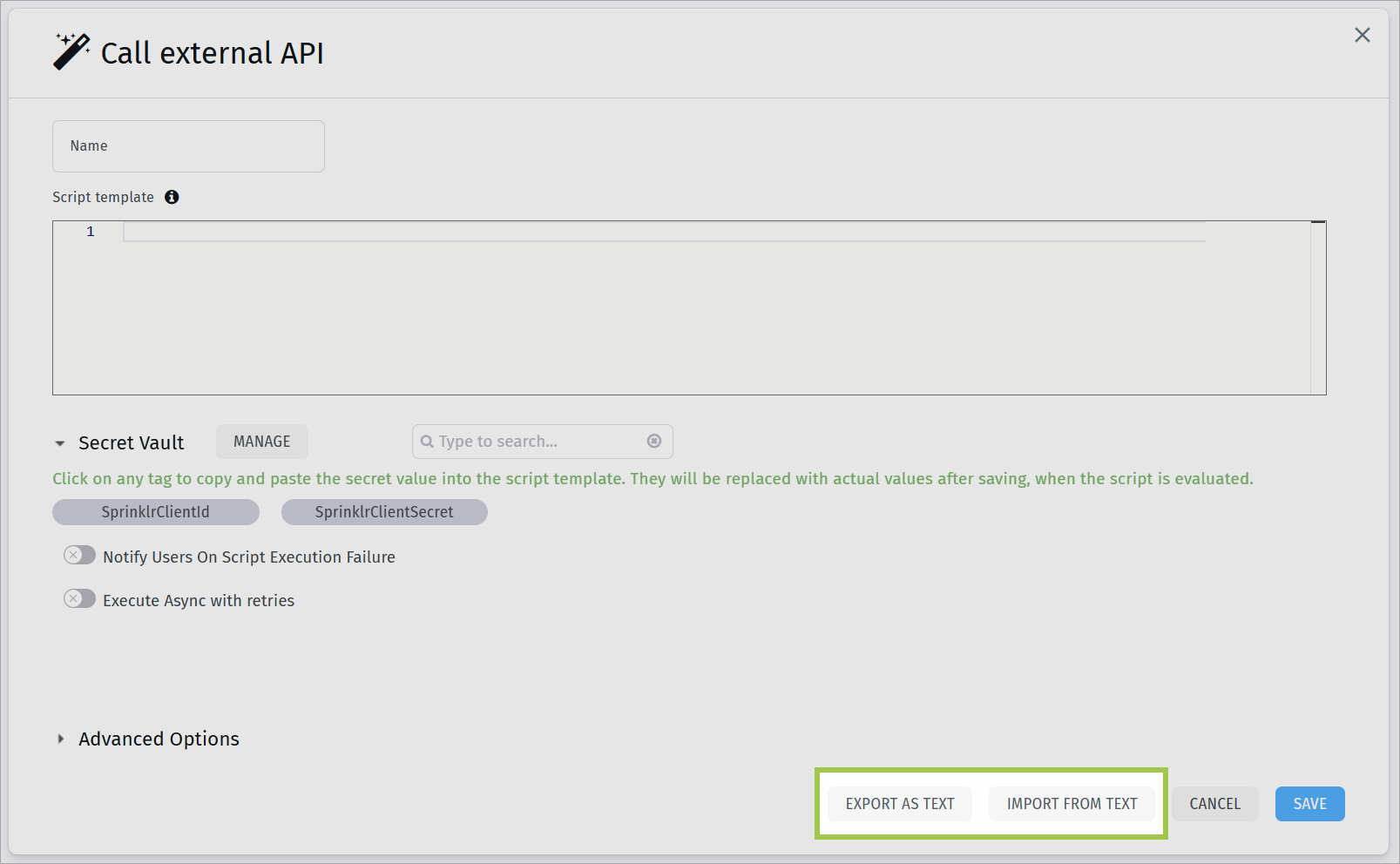 Export and import options