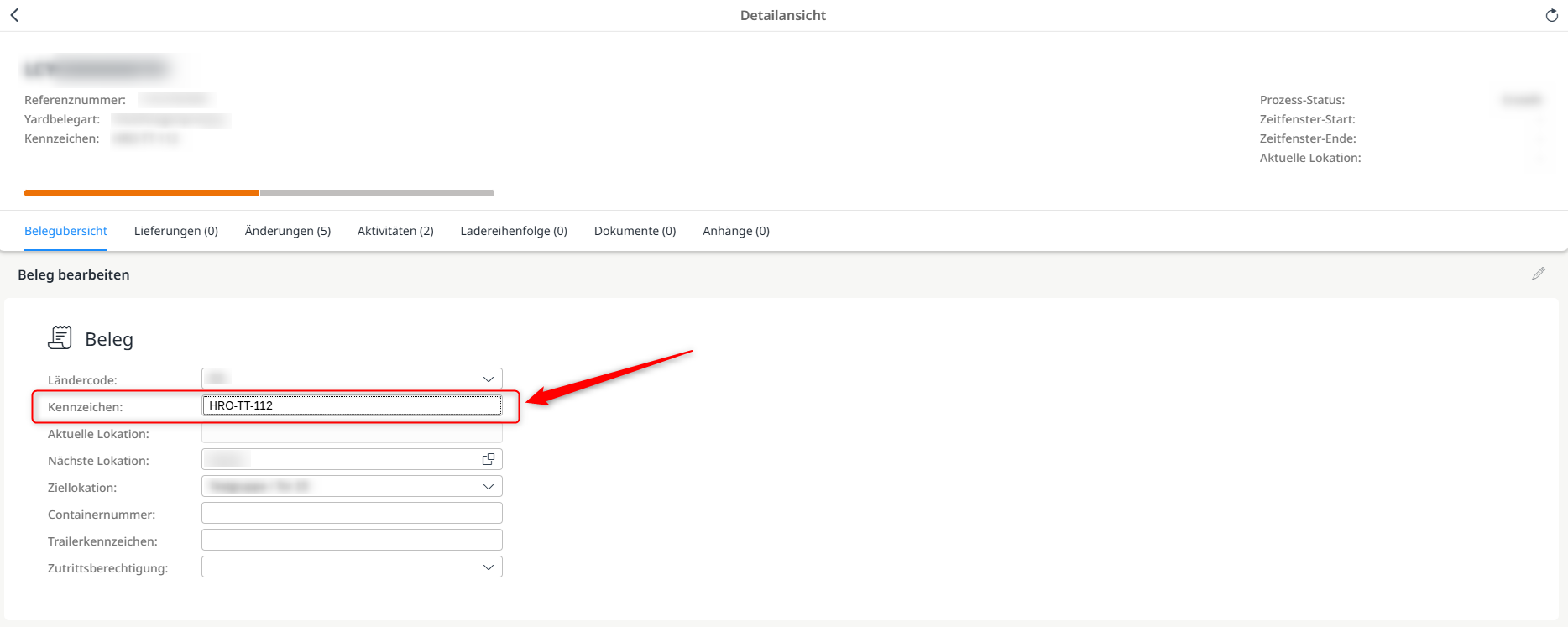 Änderung des Kennzeichens im Yardbeleg
