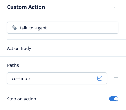 Custom Action step with "Stop on action" enabled.