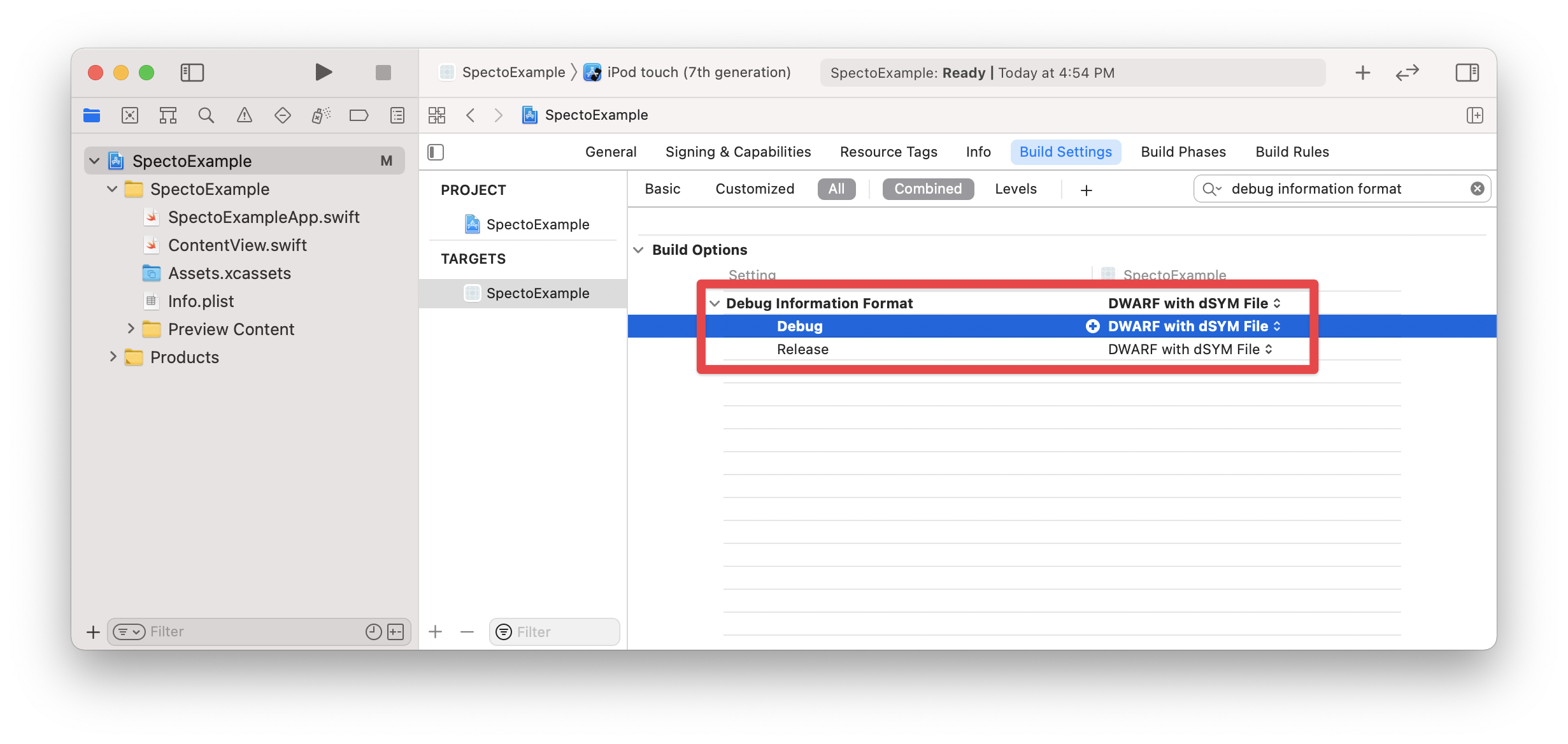 debug-info-format.png Setting the Debug Information Format setting to DWARF with dSYM File in Xcode build settings
