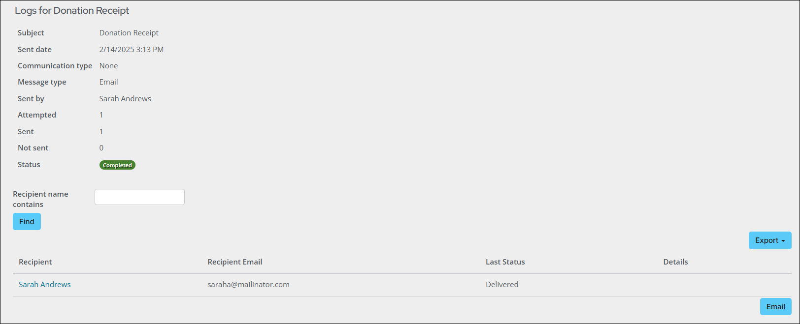 Logs window for specific donation receipt
