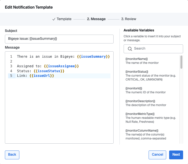 Compose template message screen with subject, message, and available variables