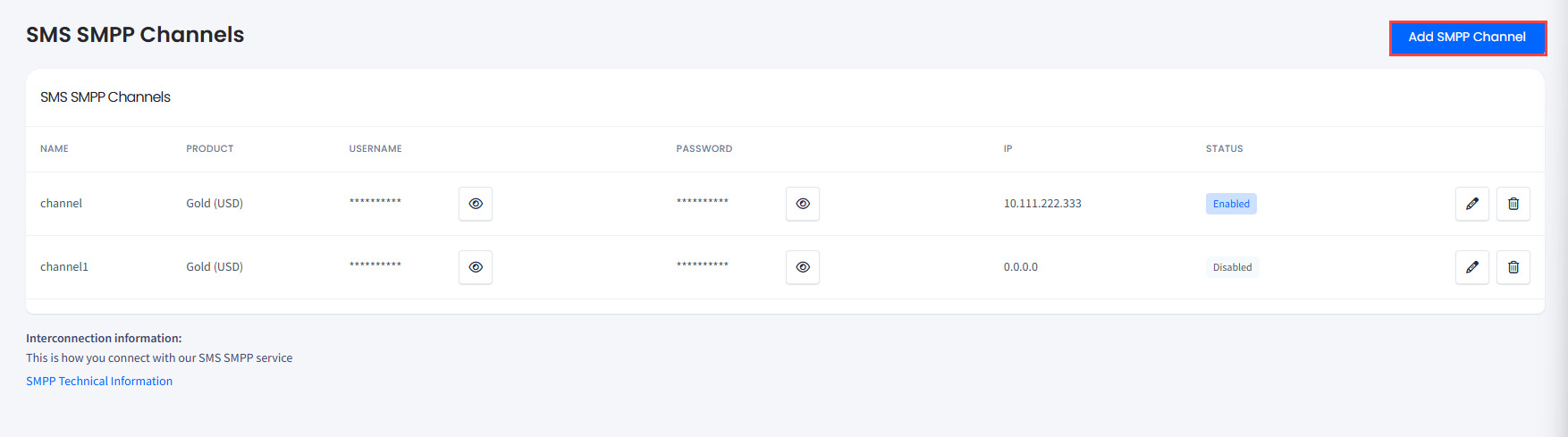 Screenshot of the Add SMPP Channel button
