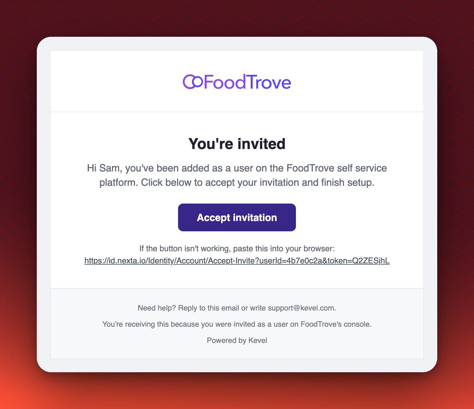 An example branded invitation email in the FoodTrove brand: the FoodTrove logo, the heading You're invited, a message, a purple Accept invitation button, a fallback link and a footer.