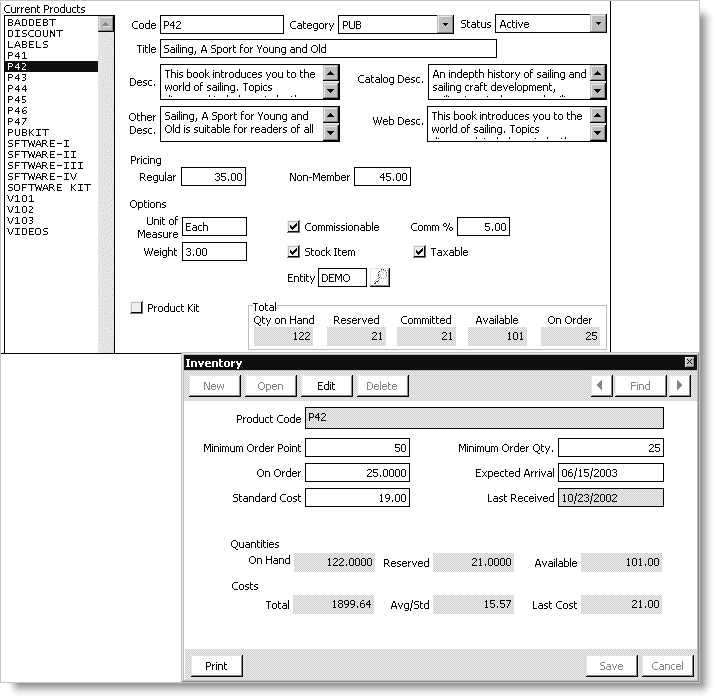 Example of a product's inventory displayed on both the Manage products and Inventory windows